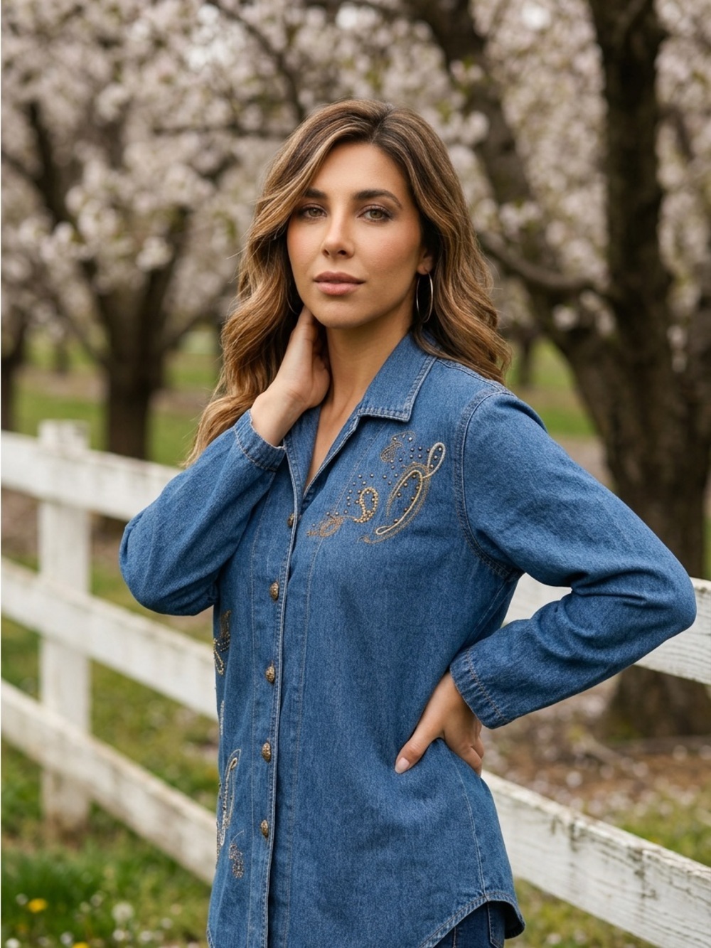 Lexi Embellished Denim Button-Down Shirt Jacket - Blue - Picture 4 of 8
